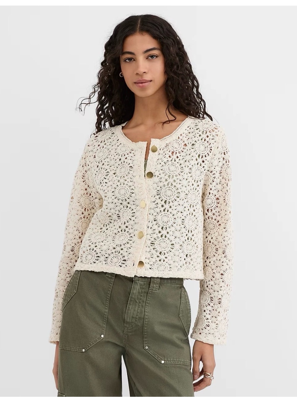 LOFT Cream Crochet Button-Front Cardigan Boho Delicate Boxy Relaxed Fit